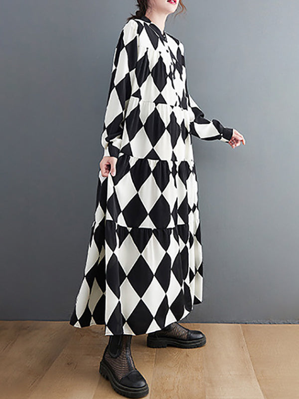 Buttoned Plaid A-Line Long Sleeves Polo Midi Dresses