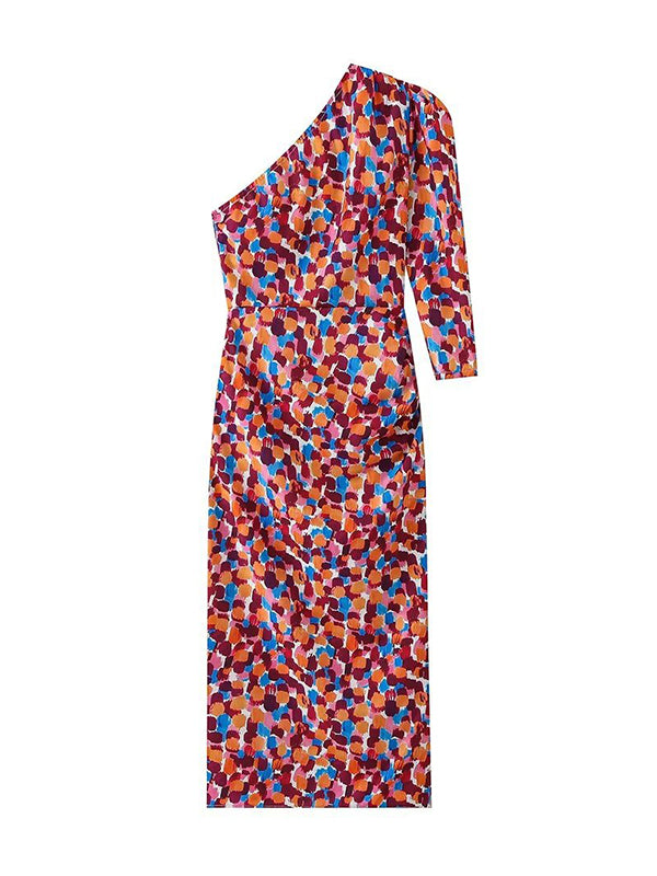 Colorful Printed One-Shoulder Asymmetric Maxi Dresses