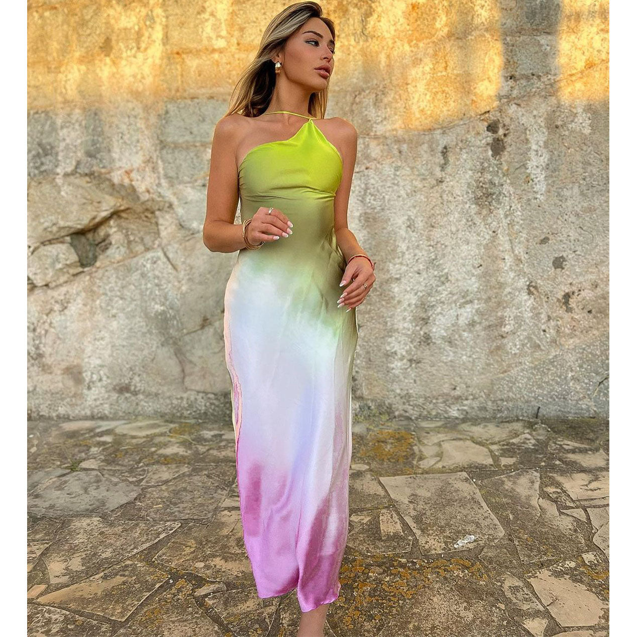 One Shoulder Ombre Printed Dress