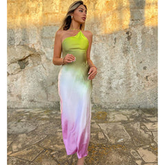 One Shoulder Ombre Printed Dress