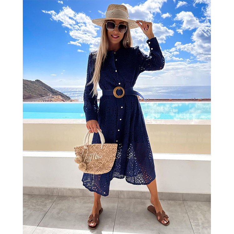 Casual Solid Color Buttons Midi Dress