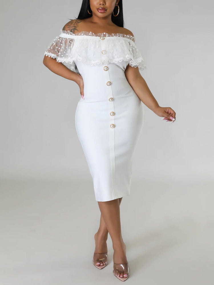 Off Shoulder Mesh Pearl Button Dress
