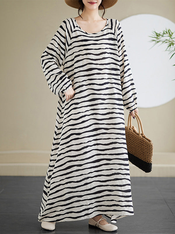 Contrast Color Elasticity Striped A-Line Long Sleeves Round-Neck Maxi Dresses