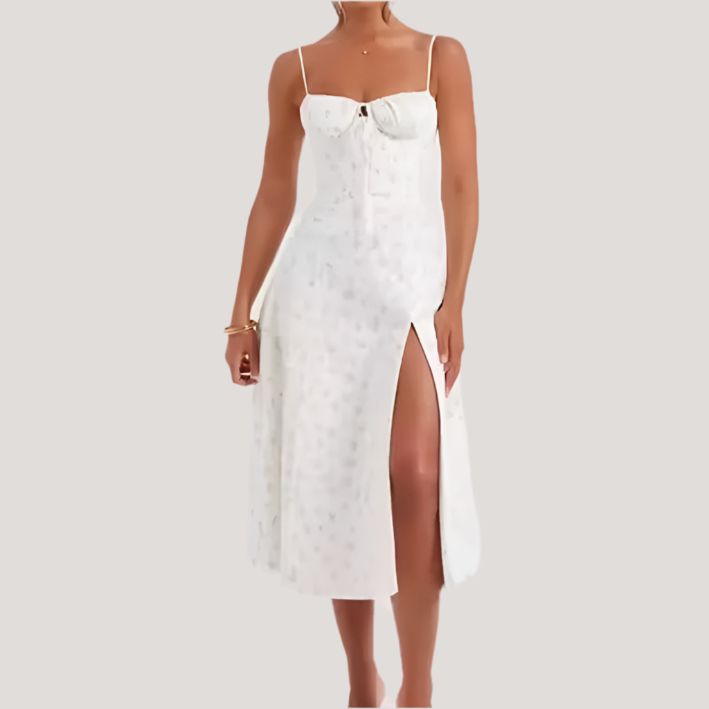 White Floral Print Slit Strap Midi Dress