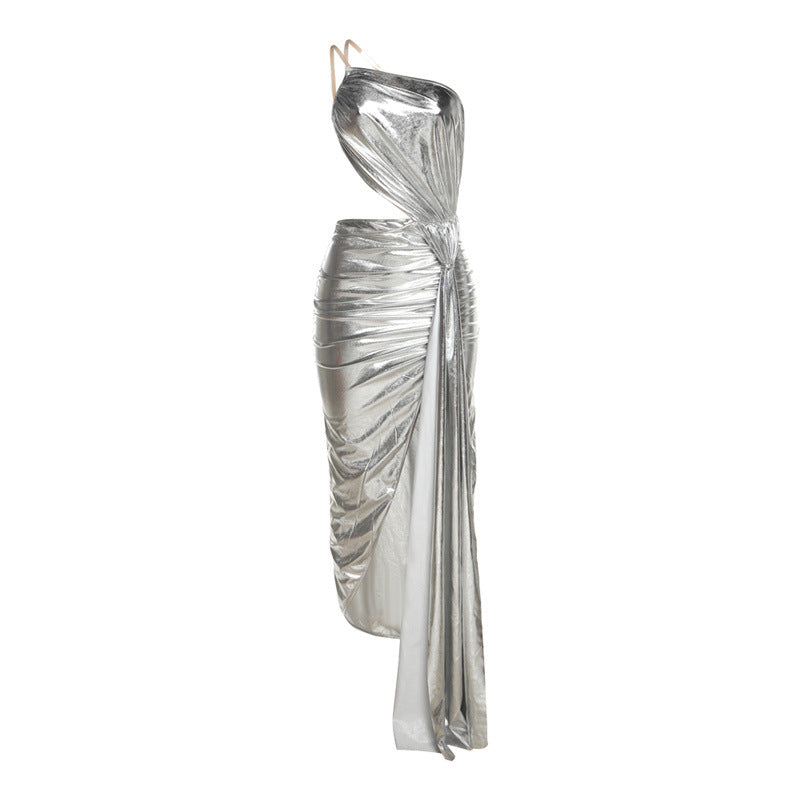 Cutout One Shoulder Backless Side Slit Silver Maxi Dress Flaxmaker