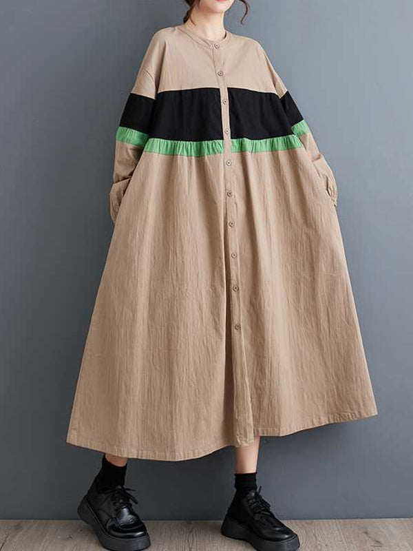 Buttoned Contrast Color Elasticity Split-Joint Long Sleeves Loose Round-neck Midi Dresses