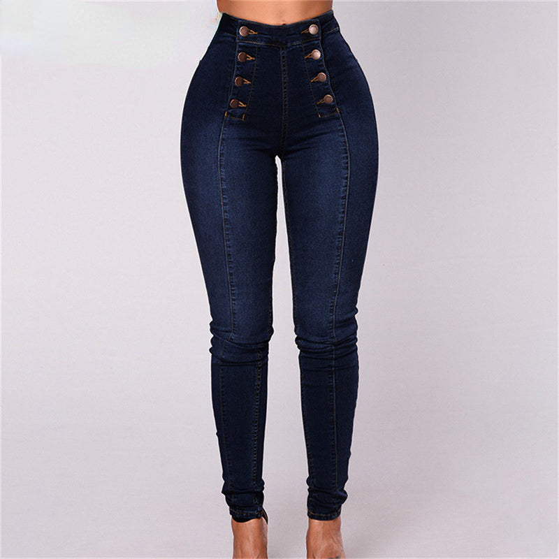 Vintage Skinny Double Breasted High Waist Pencil Jeans Slim Fit Stretch Denim Pants Full Length Denim Tight