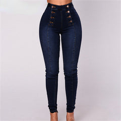 Vintage Skinny Double Breasted High Waist Pencil Jeans Slim Fit Stretch Denim Pants Full Length Denim Tight