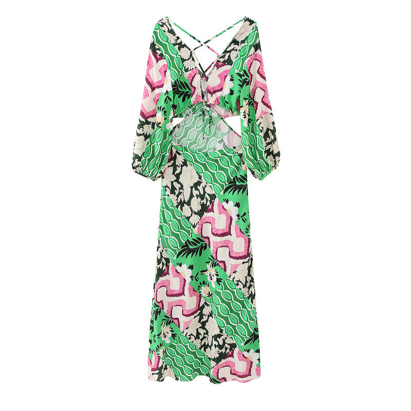 Cross  Backless Graphic Printed Dress