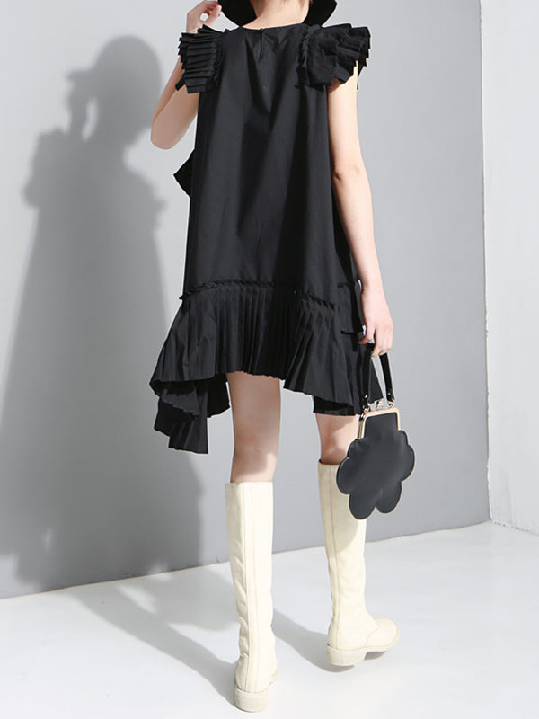 Asymmetric Pleated Solid Color Split-Joint Flying Sleeves Loose Round-Neck Midi Dresses