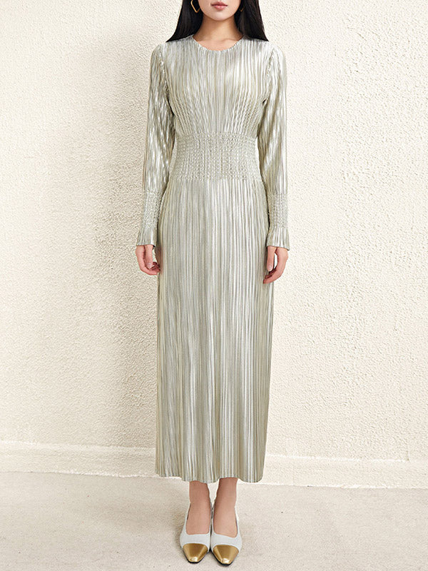 Bronzing Pleated Shiny Solid Color A-Line High Waisted Round-Neck Midi Dresses