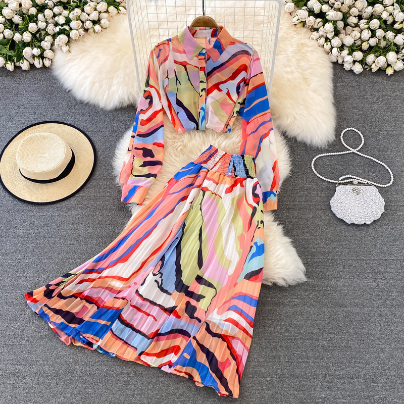 Printed Long Sleeve Shirt and Skirt Two Piece Set Flaxmaker