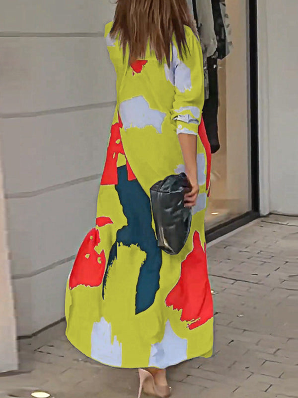 Buttoned Contrast Color Pockets Printed Split-Side Loose Wrap Shirt Dress