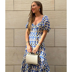 Graphic Printed Blue Midi Dress
