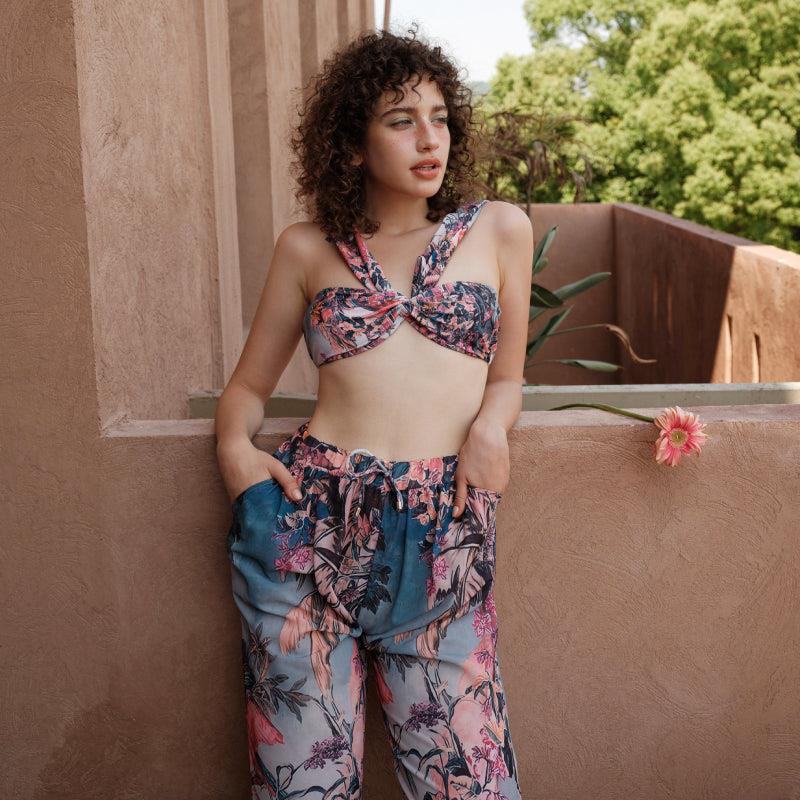 Flaxmaker Off Shoulder Paraiso Printed Bikini Swimsuit and Beach Skirt