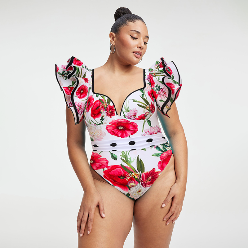 Plus Size Ruffle Rose Print Swimsuit and Skirt Flaxmaker