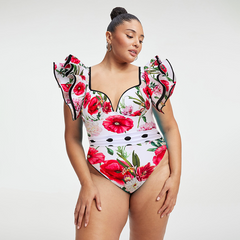 Plus Size Ruffle Rose Print Swimsuit and Skirt Flaxmaker