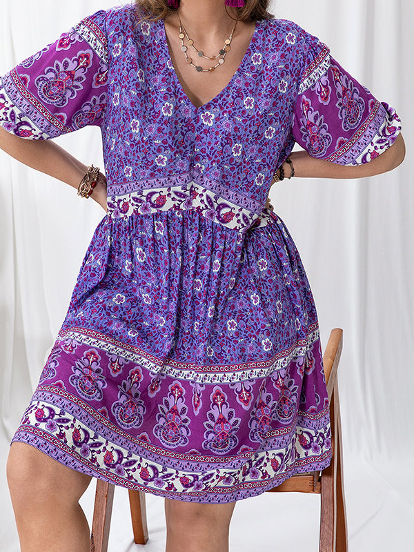 Vacation Half Sleeves A-Line Floral Printed V-Neck Mini Dresses