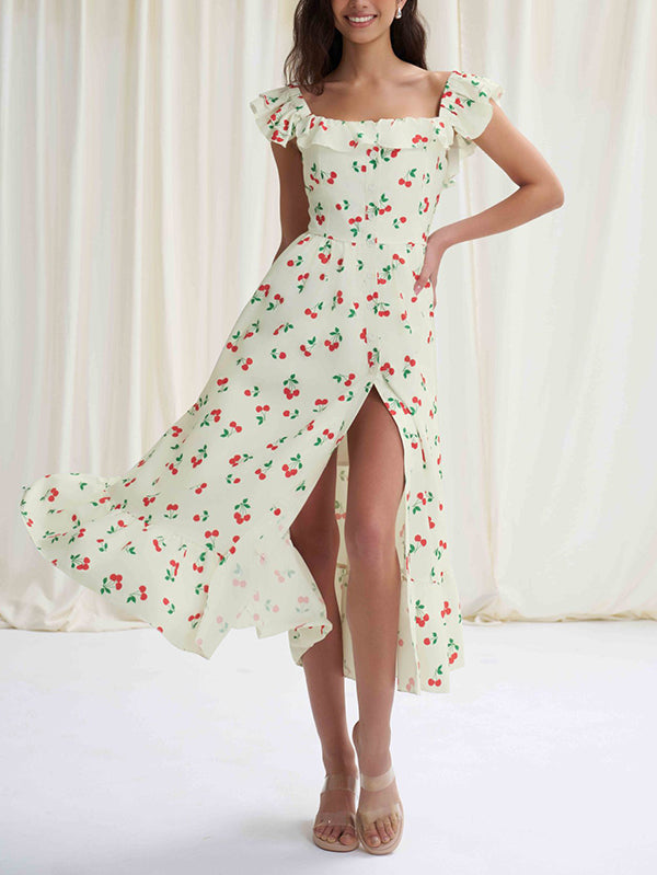 Buttoned Elasticity Flower Print Pleated High Waisted Loose Square-neck Midi Dresses