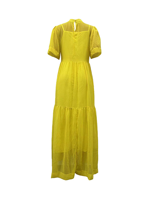 Solid Color Loose Plus Size Split-Joint Inner Dress + Mock Neck Mesh Pleated Outer Dress Two Pieces Set