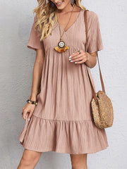 Pleated Solid Color Split-Joint A-line Loose V-neck Mini Dresses