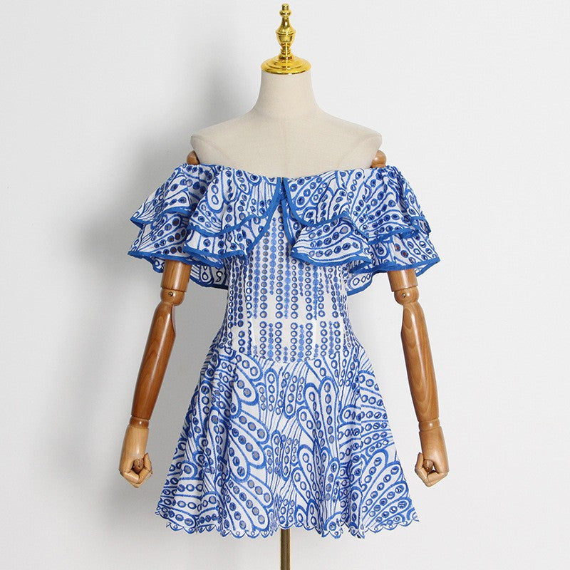 Double Ruffle Embroidery Hollow Out Mini Dress