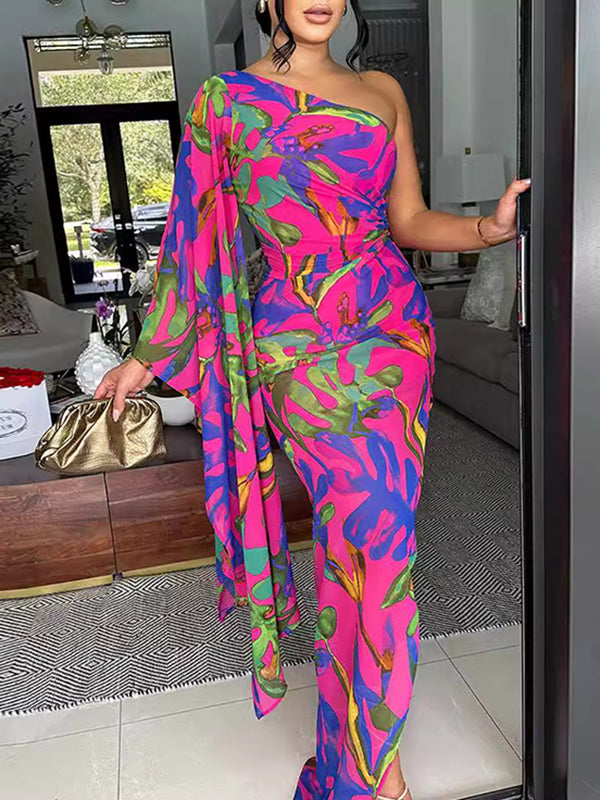 Asymmetric Pleated Printed Bodycon Sleeveless One-Shoulder Maxi Dresses