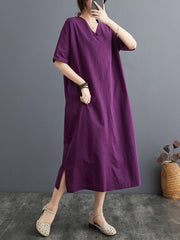 Chinese Frog Buttons Pockets Solid Color Split-Side A-Line Loose V-Neck Midi Dresses
