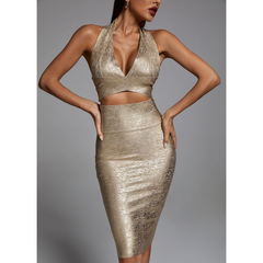 V Neck Halter Gold Bandage Two Piece Skirt Set