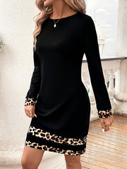 Contrast Color Leopard Bodycon Long Sleeves Round-Neck Mini Dresses