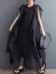 Falbala Ruffled Solid Color Loose Ruffle Sleeves Round-neck Midi Dresses