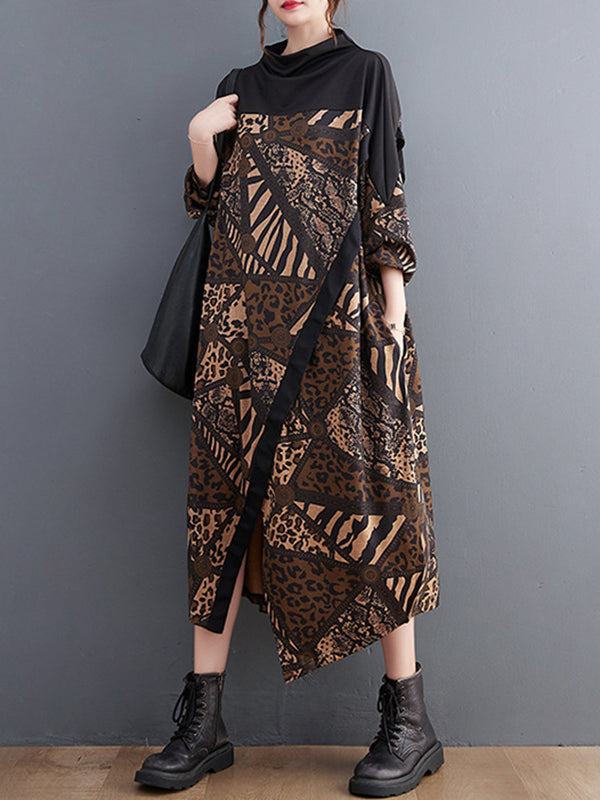 Asymmetric Printed Split-Front Split-Joint Long Sleeves Loose Mock Neck Midi Dresses