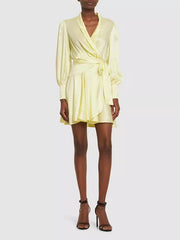 Solid Color Ruffled Long Sleeves Satin Elegant Mini Dresses