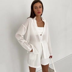 Long-sleeve See-through Cotton Linen Solid Color Shirt and Bottom