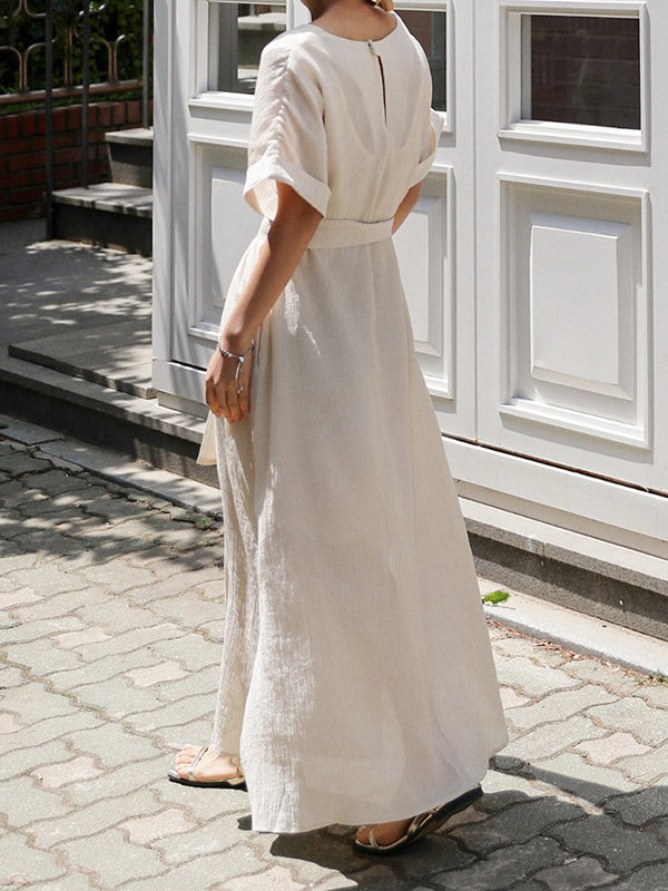 Hollow Solid Color Split-Side Tied Waist A-Line Loose V-Neck Midi Dresses