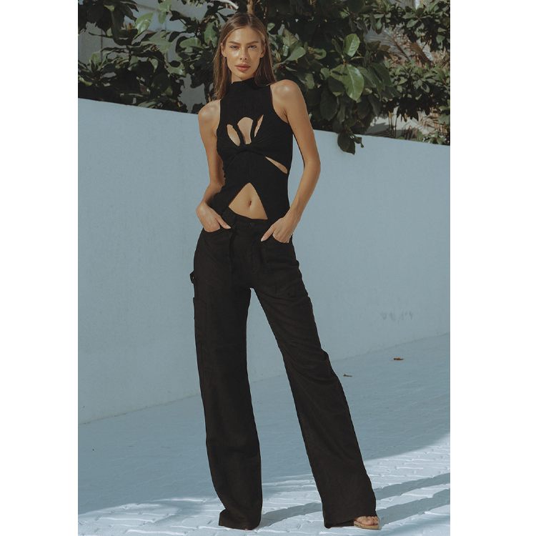 Irregular Stand Collar Cut Out Knit Top