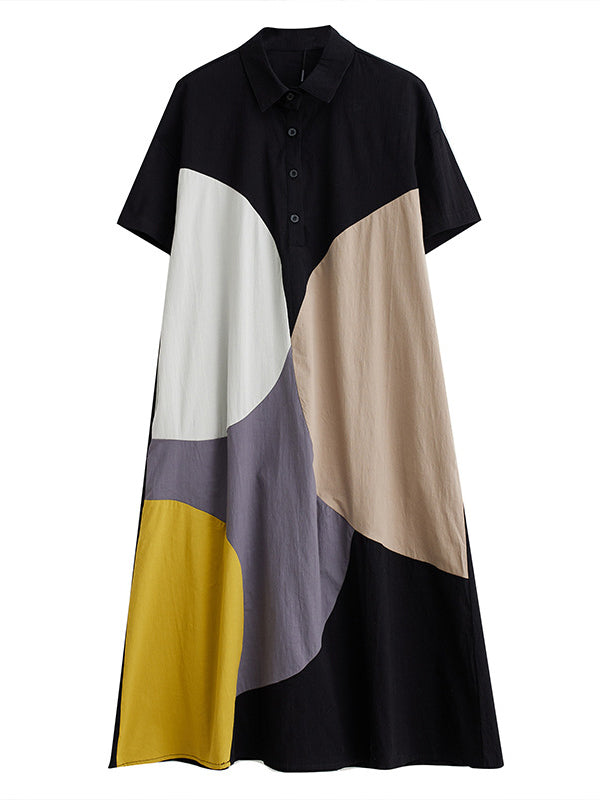 Color-Block Contrast Color Split-Joint Loose Oversize Lapel Shirt Dress Midi Dresses