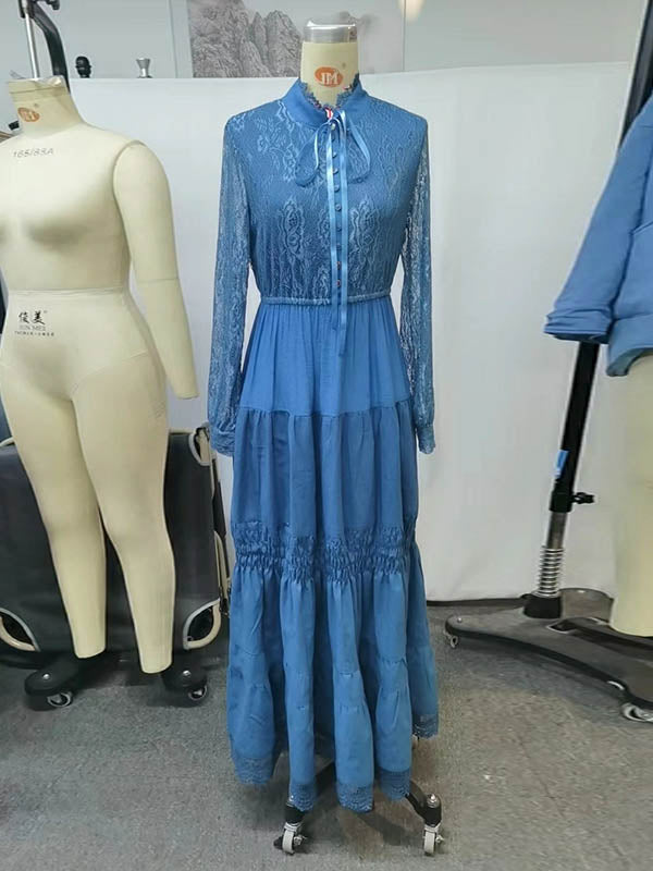 Lace Splicing Ruffled Vintage Long Sleeves Maxi Dresses