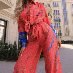 Fashion Casual Red Printed Shirt and Pants