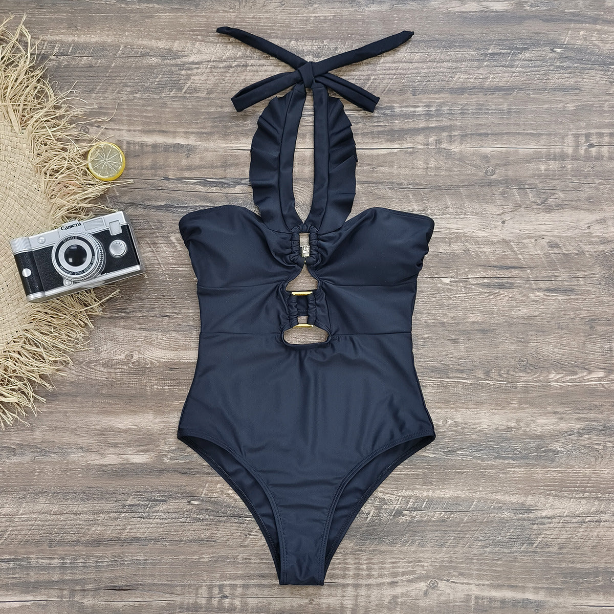 Ruffle Cutout Halter One Piece Swimsuit