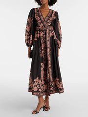 Flower Print Patchwork Bandage V-Neck Maxi Dresses