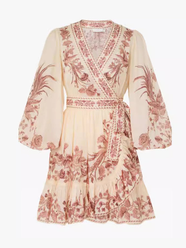 Flower Printed Ruffled Long Sleeves Elegant Mini Dresses