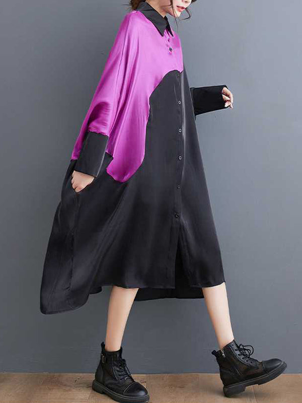Asymmetric Buttoned Contrast Color Split-Joint Batwing Sleeves Loose Lapel Midi Dresses