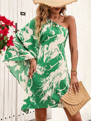 Asymmetric Printed Batwing Sleeves High Waisted One-Shoulder Mini Dresses