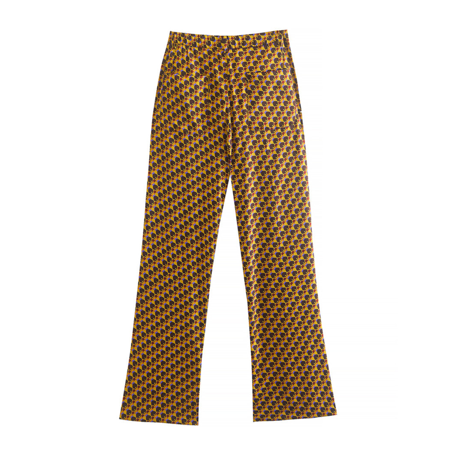 Flaxmaker Retro Geometric Print Tie Neck Shirt Two Piece Pants Set