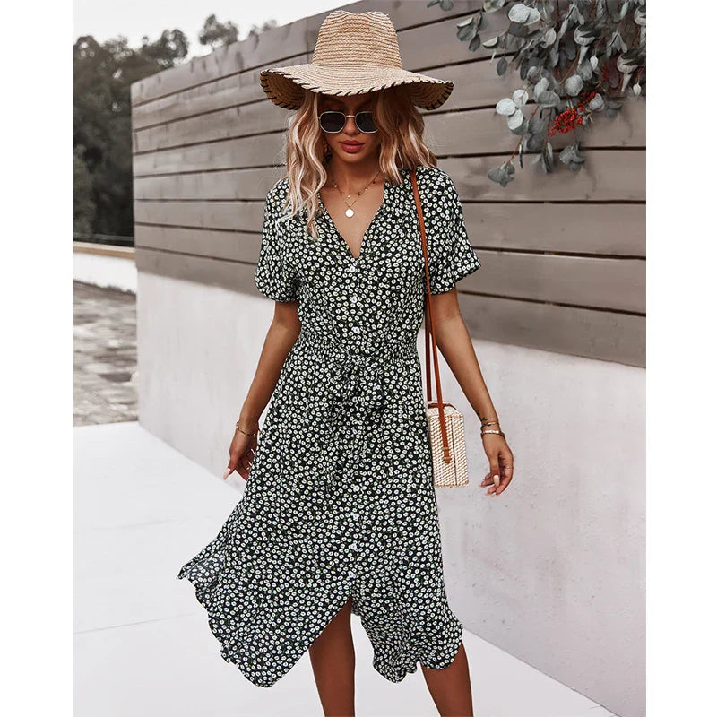 Casual Floral V Neck Yellow Boho Dress for Summer