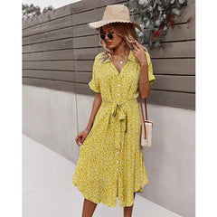 Casual Floral V Neck Yellow Boho Dress for Summer