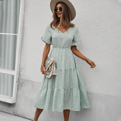 V Neck Ruffles Short Sleeve Boho Dress