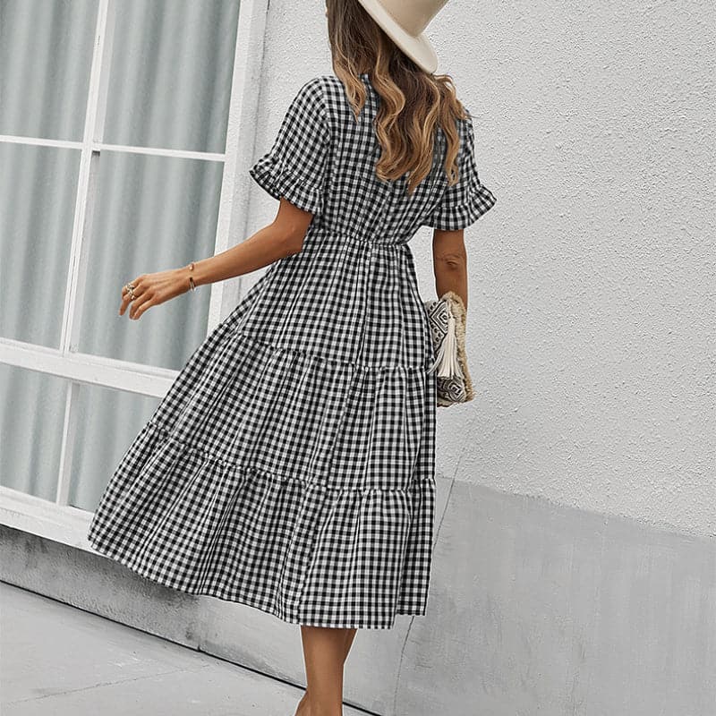 V Neck Ruffles Short Sleeve Boho Dress