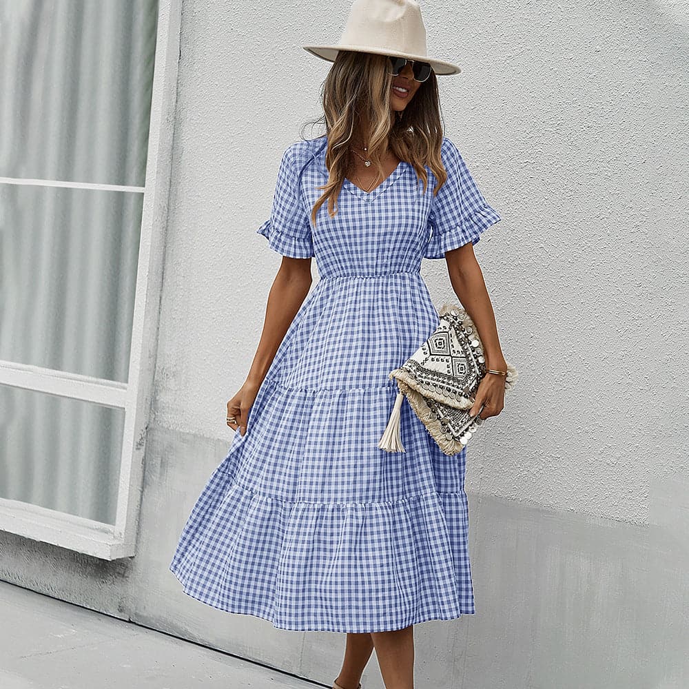 V Neck Ruffles Short Sleeve Boho Dress